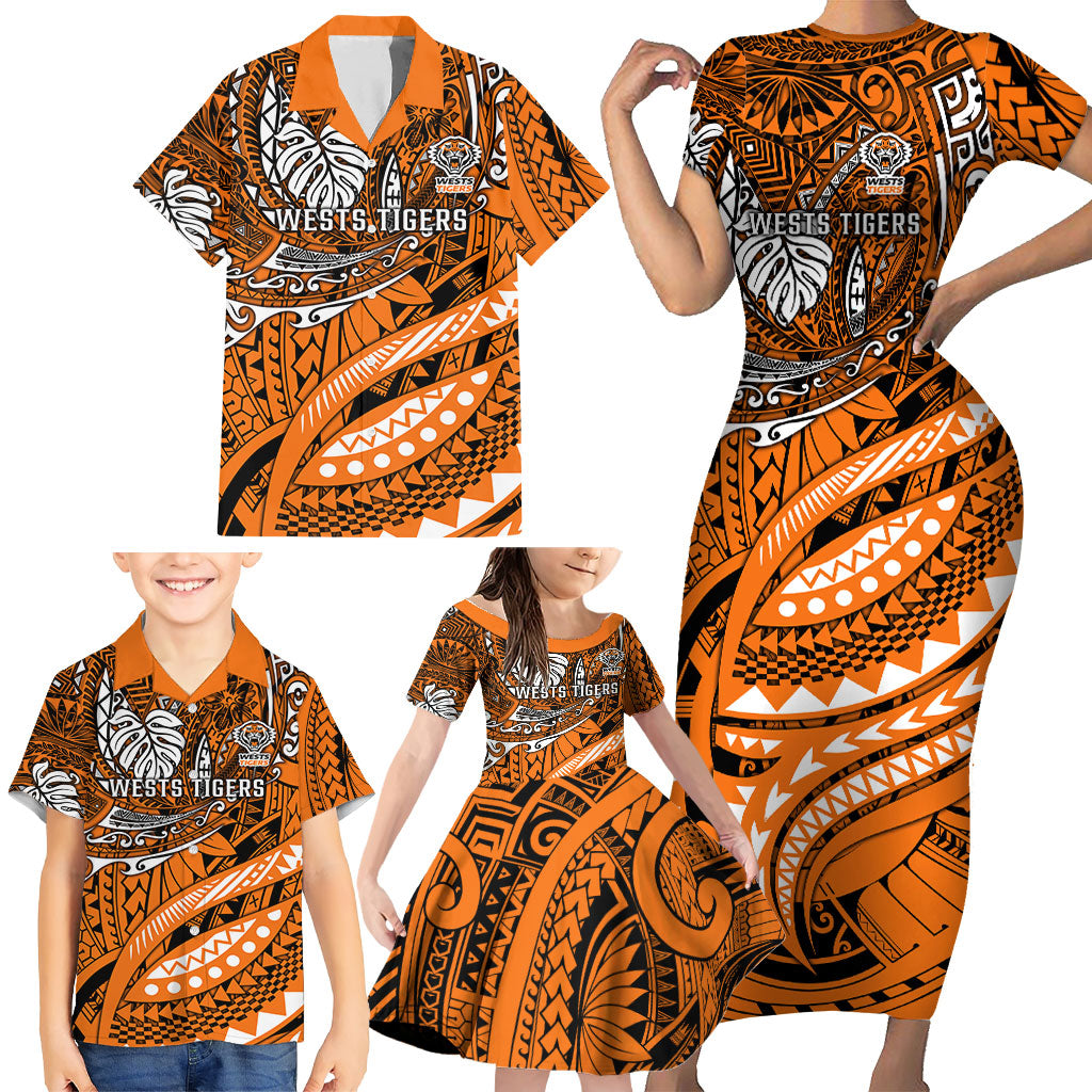 Personalised Wests Tigers Family Matching Short Sleeve Bodycon Dress and Hawaiian Shirt Polynesian Tribal Art Style With Powerful Tiger Mascot