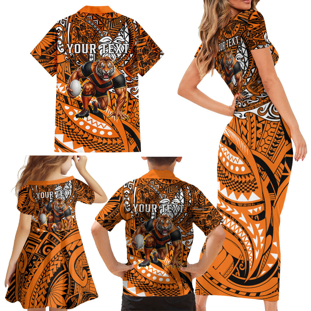 Personalised Wests Tigers Family Matching Short Sleeve Bodycon Dress and Hawaiian Shirt Polynesian Tribal Art Style With Powerful Tiger Mascot