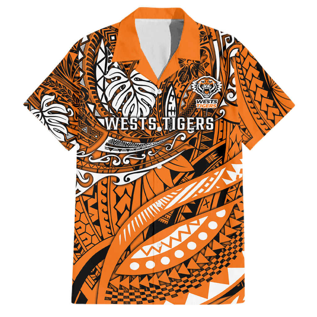 Personalised Wests Tigers Family Matching Short Sleeve Bodycon Dress and Hawaiian Shirt Polynesian Tribal Art Style With Powerful Tiger Mascot