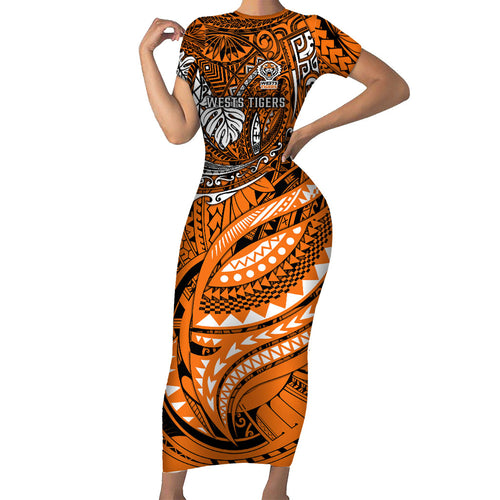 Personalised Wests Tigers Family Matching Short Sleeve Bodycon Dress and Hawaiian Shirt Polynesian Tribal Art Style With Powerful Tiger Mascot