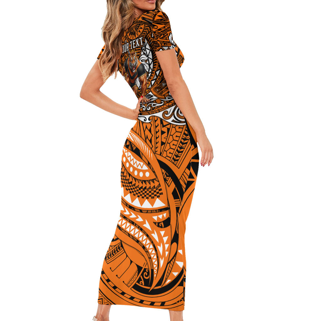 Personalised Wests Tigers Family Matching Short Sleeve Bodycon Dress and Hawaiian Shirt Polynesian Tribal Art Style With Powerful Tiger Mascot