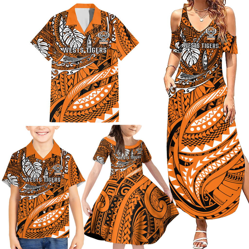 Personalised Wests Tigers Family Matching Summer Maxi Dress and Hawaiian Shirt Polynesian Tribal Art Style With Powerful Tiger Mascot
