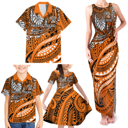 Personalised Wests Tigers Family Matching Tank Maxi Dress and Hawaiian Shirt Polynesian Tribal Art Style With Powerful Tiger Mascot