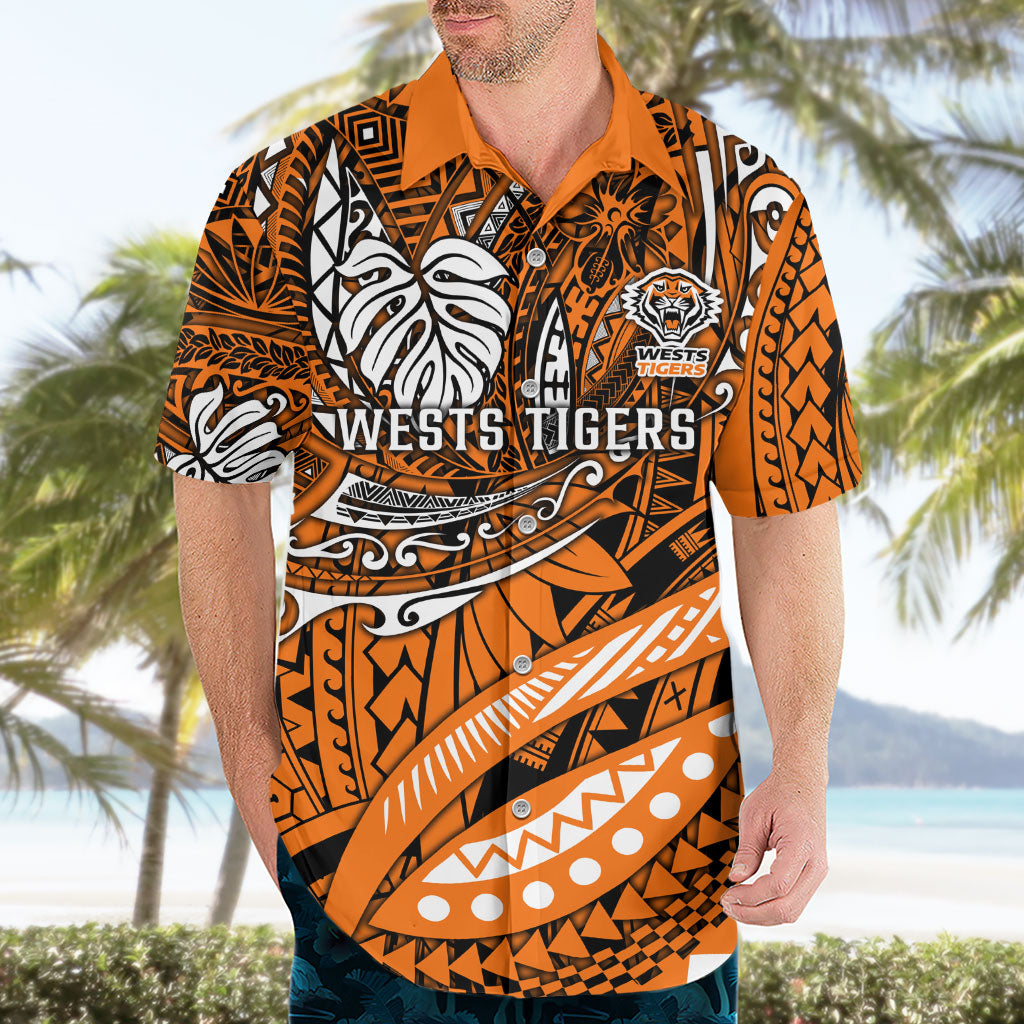 Personalised Wests Tigers Hawaiian Shirt Polynesian Tribal Art Style With Powerful Tiger Mascot