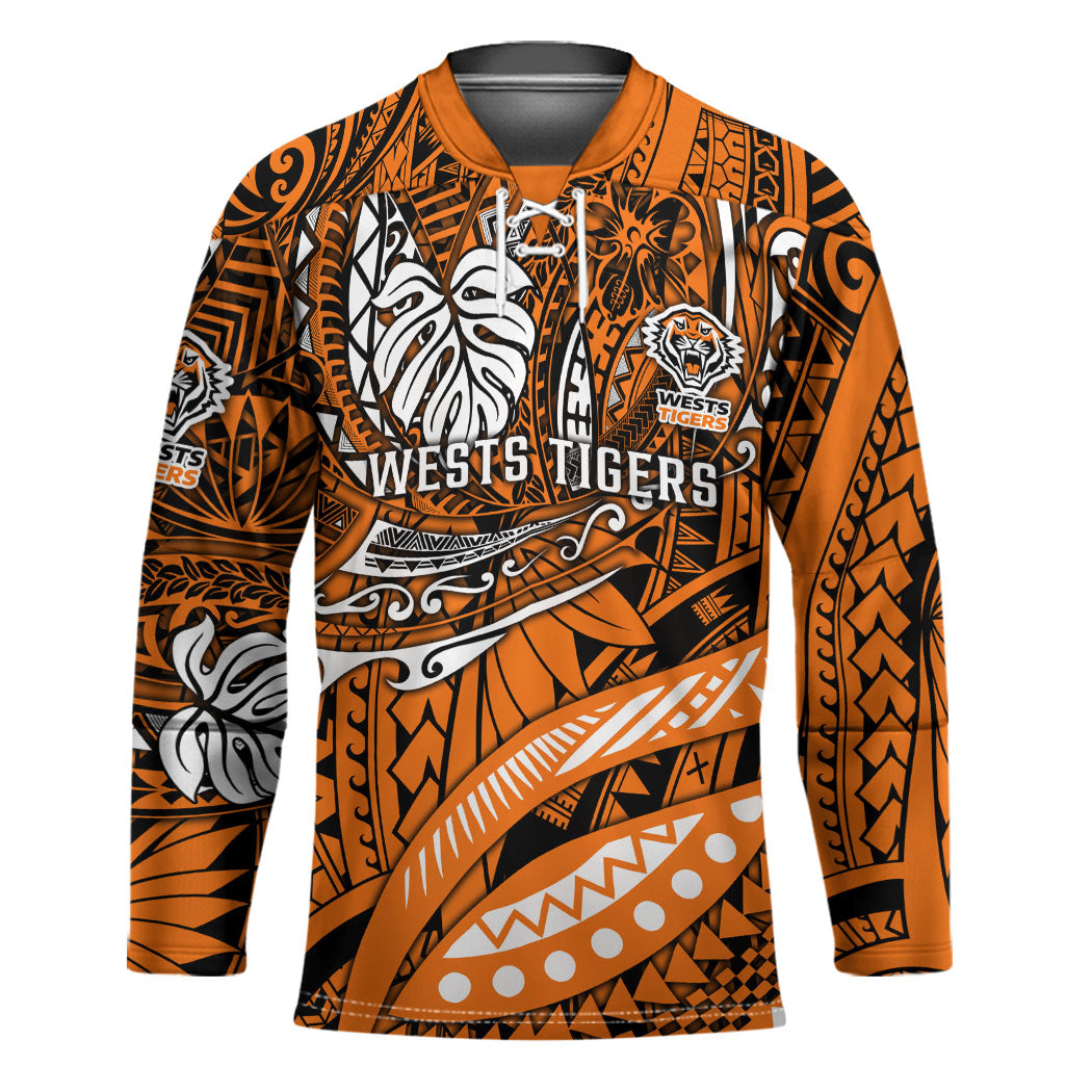 Personalised Wests Tigers Hockey Jersey Polynesian Tribal Art Style With Powerful Tiger Mascot