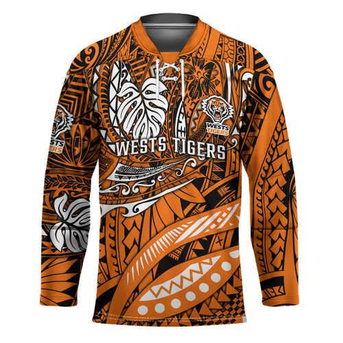 Personalised Wests Tigers Hockey Jersey Polynesian Tribal Art Style With Powerful Tiger Mascot