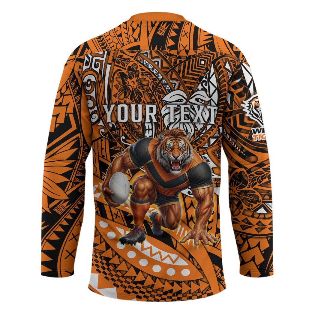 Personalised Wests Tigers Hockey Jersey Polynesian Tribal Art Style With Powerful Tiger Mascot