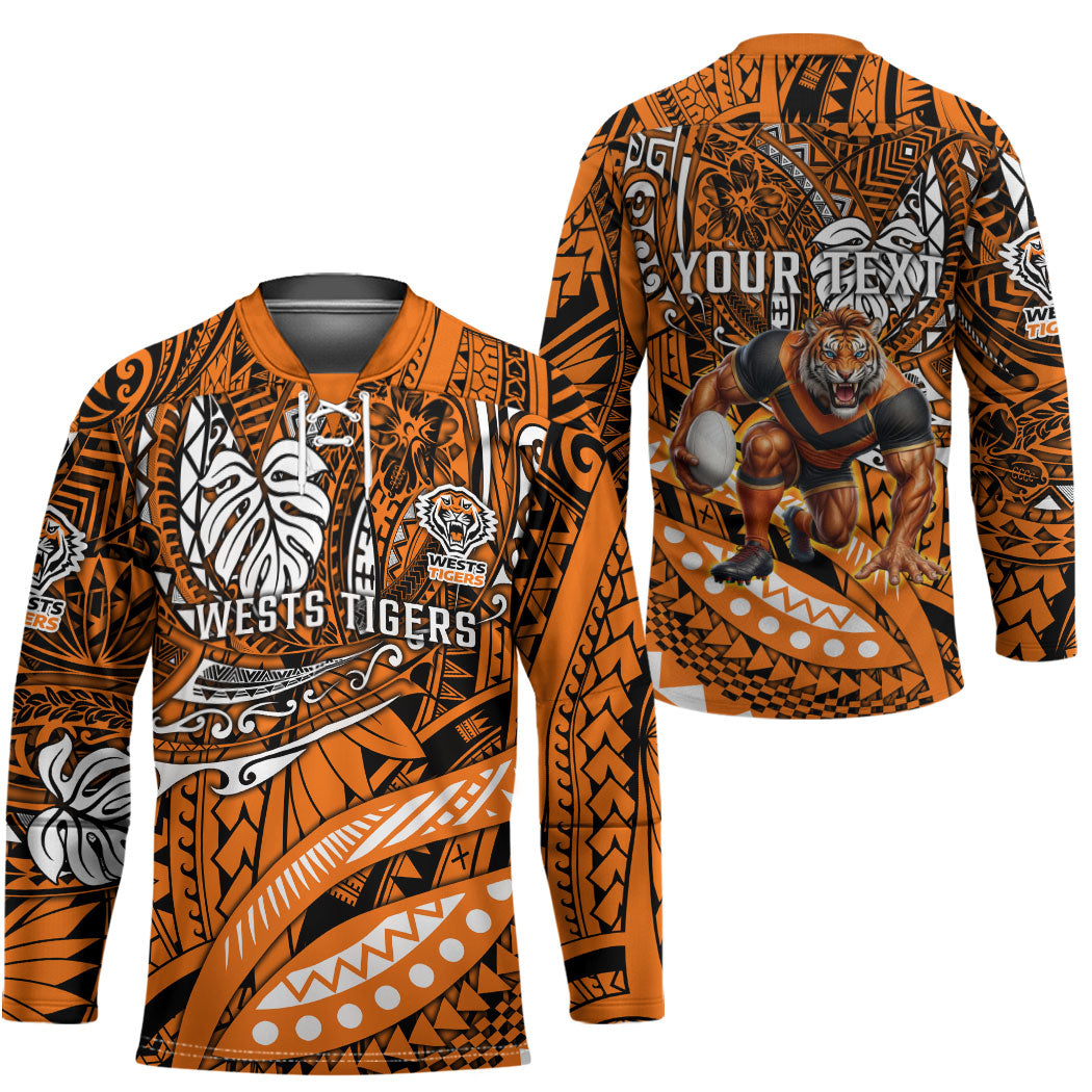 Personalised Wests Tigers Hockey Jersey Polynesian Tribal Art Style With Powerful Tiger Mascot