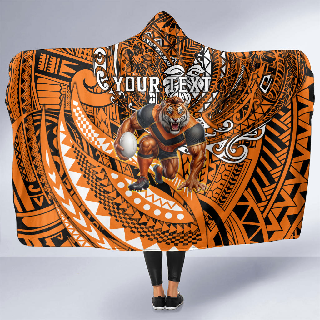 Personalised Wests Tigers Hooded Blanket Polynesian Tribal Art Style With Powerful Tiger Mascot