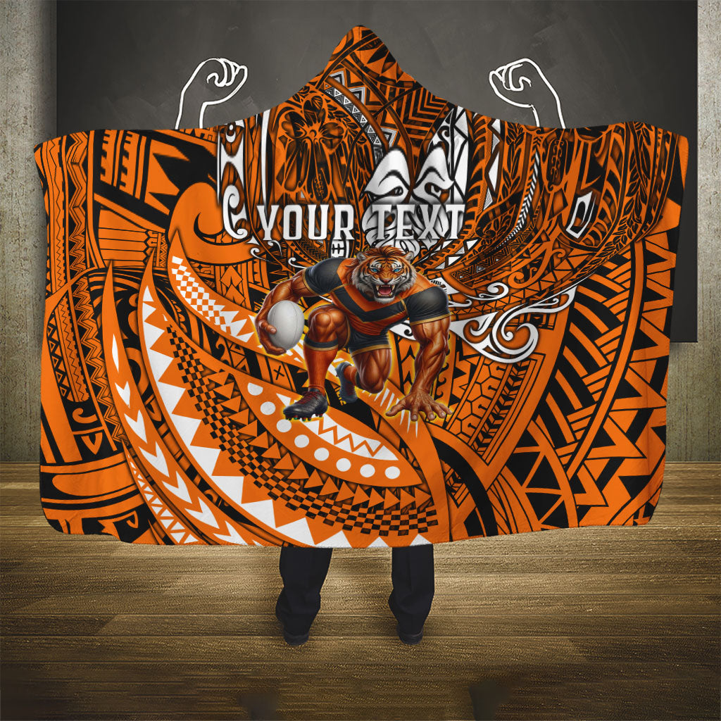 Personalised Wests Tigers Hooded Blanket Polynesian Tribal Art Style With Powerful Tiger Mascot