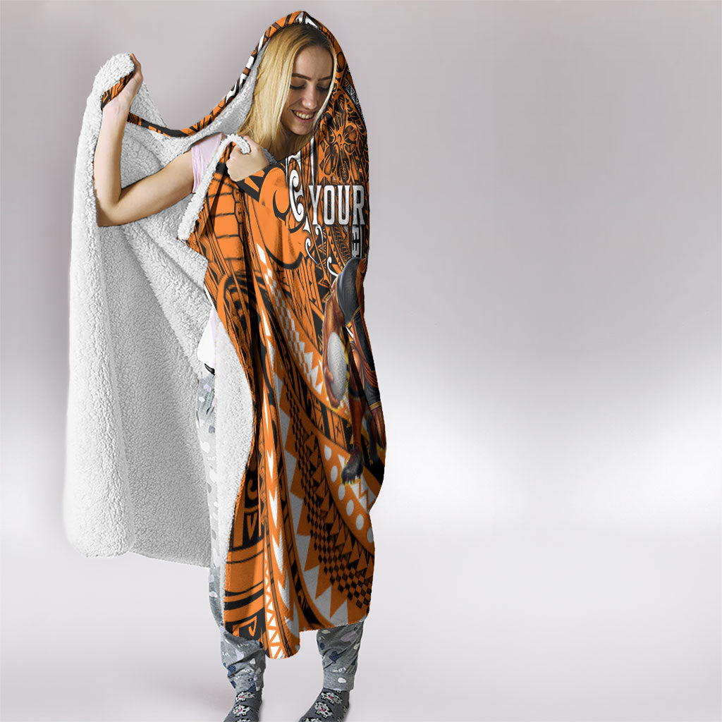 Personalised Wests Tigers Hooded Blanket Polynesian Tribal Art Style With Powerful Tiger Mascot