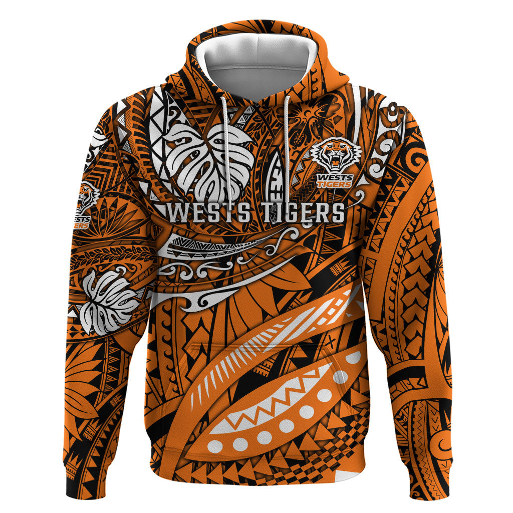 Personalised Wests Tigers Hoodie Polynesian Tribal Art Style With Powerful Tiger Mascot