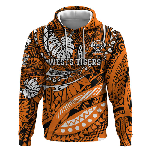 Personalised Wests Tigers Hoodie Polynesian Tribal Art Style With Powerful Tiger Mascot