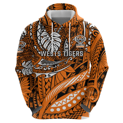 Personalised Wests Tigers Hoodie Polynesian Tribal Art Style With Powerful Tiger Mascot