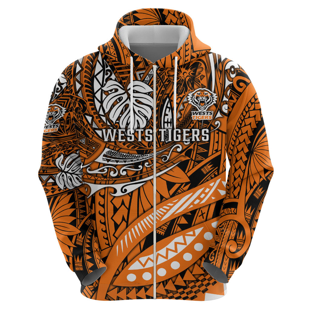 Personalised Wests Tigers Hoodie Polynesian Tribal Art Style With Powerful Tiger Mascot