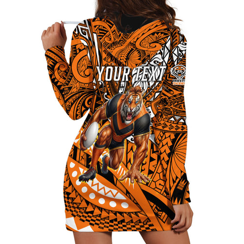 Personalised Wests Tigers Hoodie Dress Polynesian Tribal Art Style With Powerful Tiger Mascot