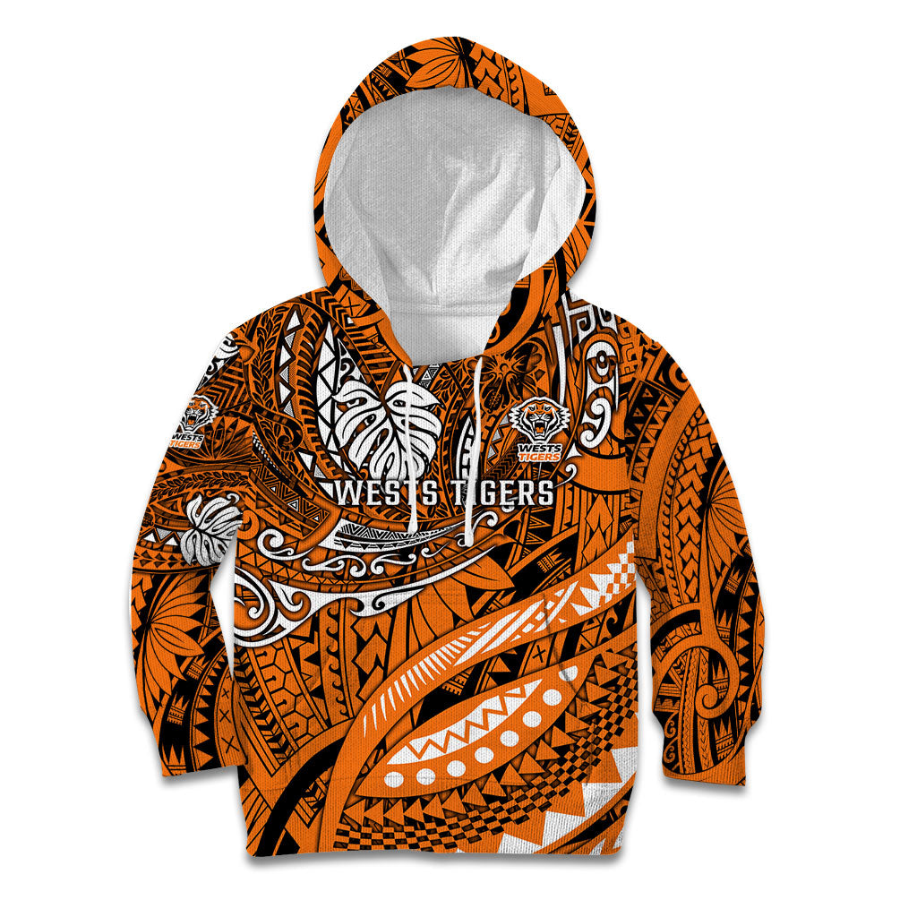 Personalised Wests Tigers Kid Hoodie Polynesian Tribal Art Style With Powerful Tiger Mascot