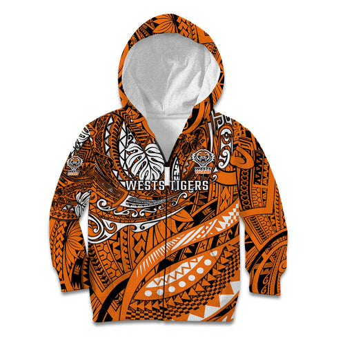 Personalised Wests Tigers Kid Hoodie Polynesian Tribal Art Style With Powerful Tiger Mascot