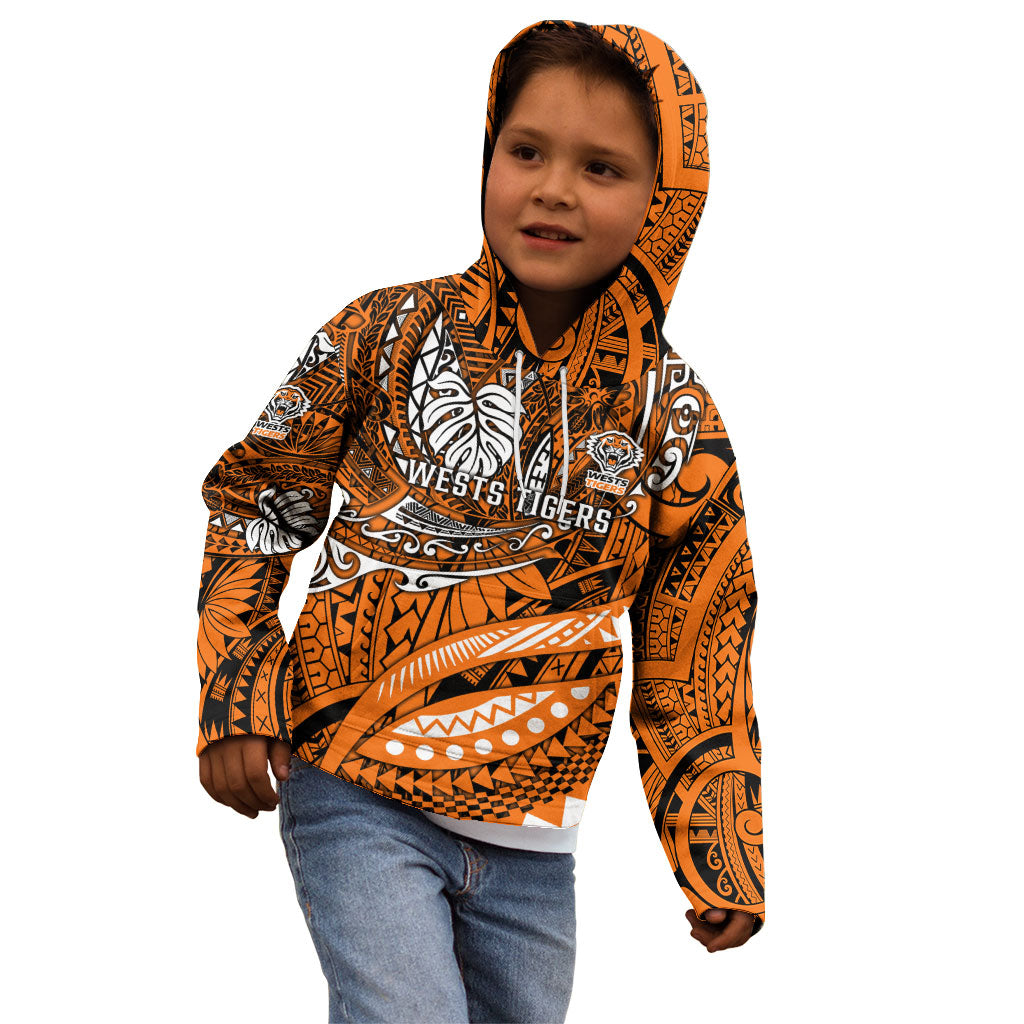 Personalised Wests Tigers Kid Hoodie Polynesian Tribal Art Style With Powerful Tiger Mascot