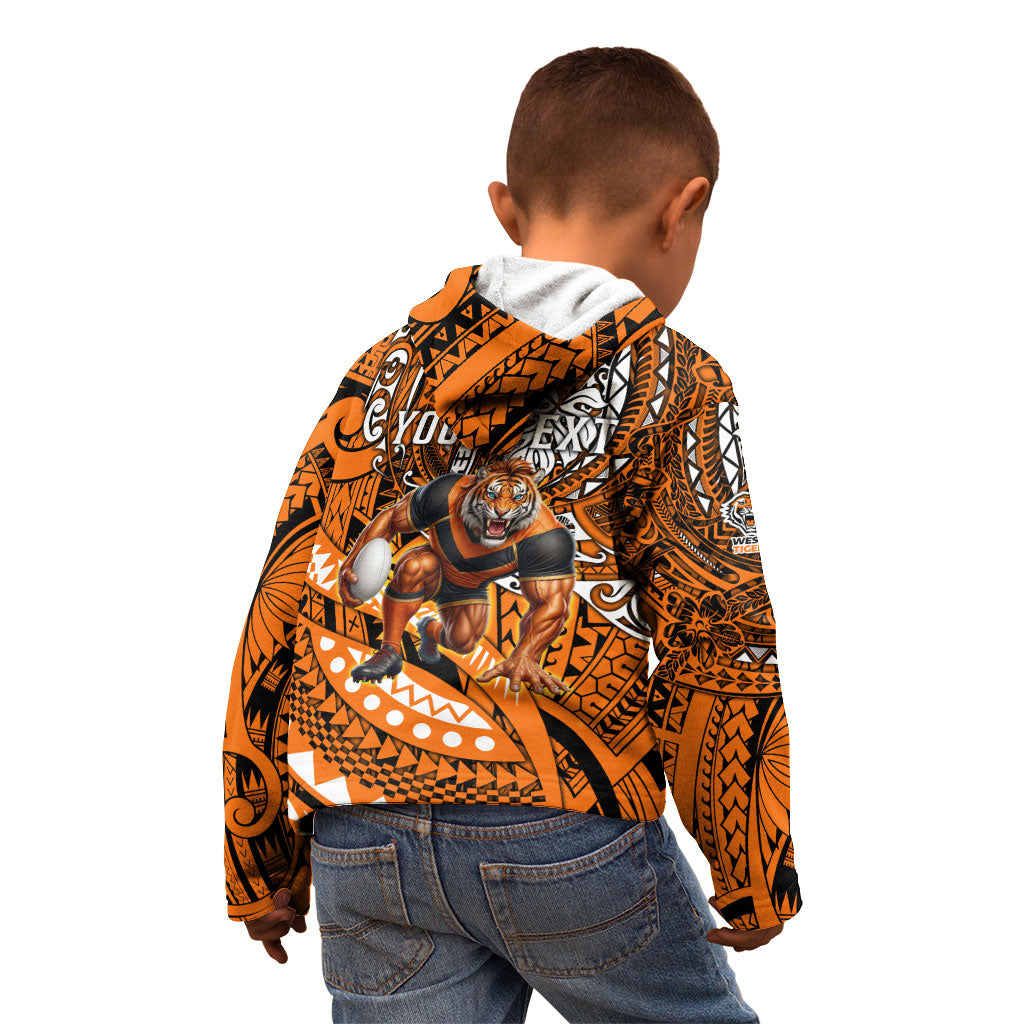 Personalised Wests Tigers Kid Hoodie Polynesian Tribal Art Style With Powerful Tiger Mascot