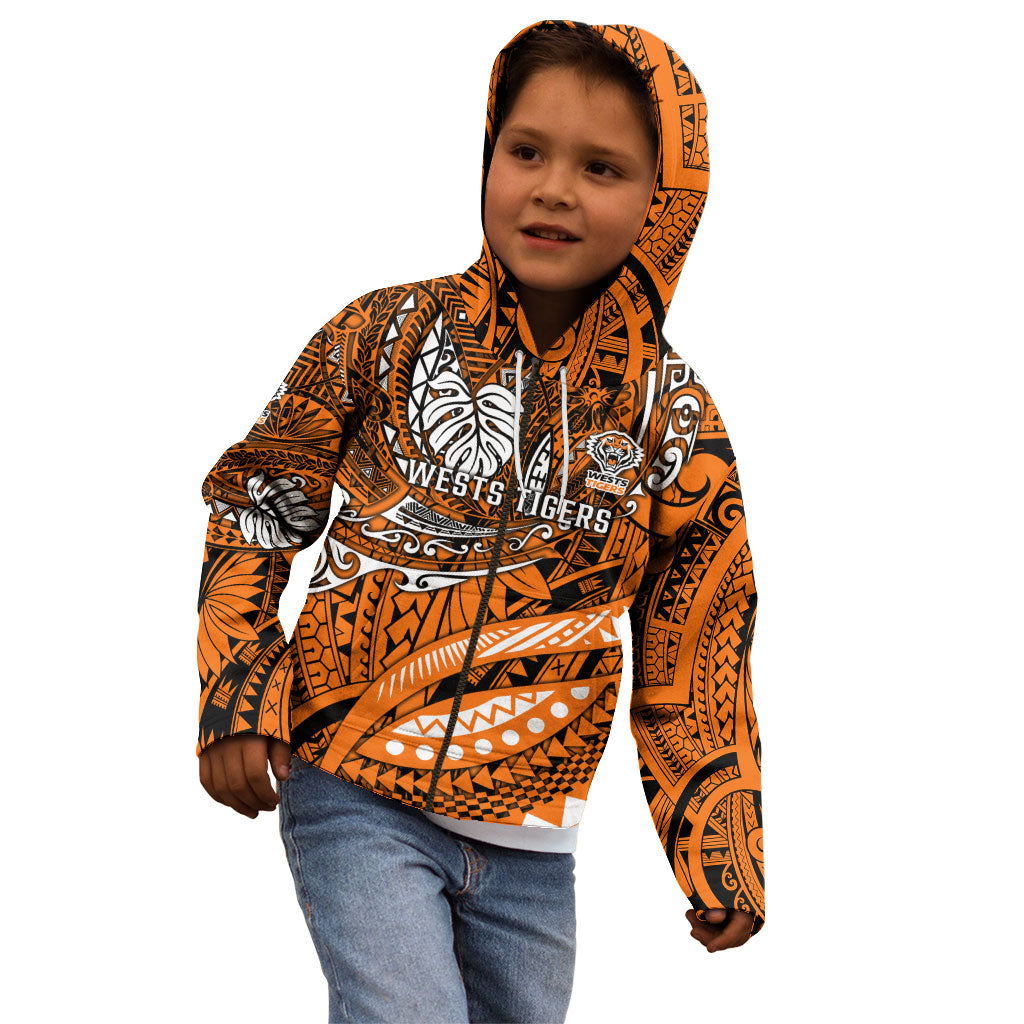 Personalised Wests Tigers Kid Hoodie Polynesian Tribal Art Style With Powerful Tiger Mascot