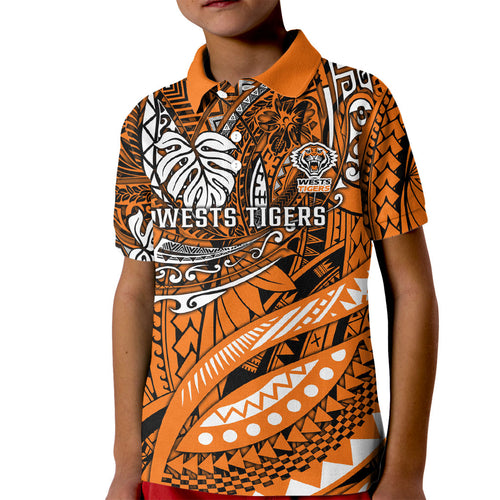 Personalised Wests Tigers Kid Polo Shirt Polynesian Tribal Art Style With Powerful Tiger Mascot