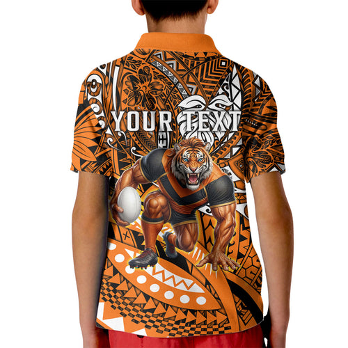 Personalised Wests Tigers Kid Polo Shirt Polynesian Tribal Art Style With Powerful Tiger Mascot