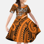 Personalised Wests Tigers Kid Short Sleeve Dress Polynesian Tribal Art Style With Powerful Tiger Mascot
