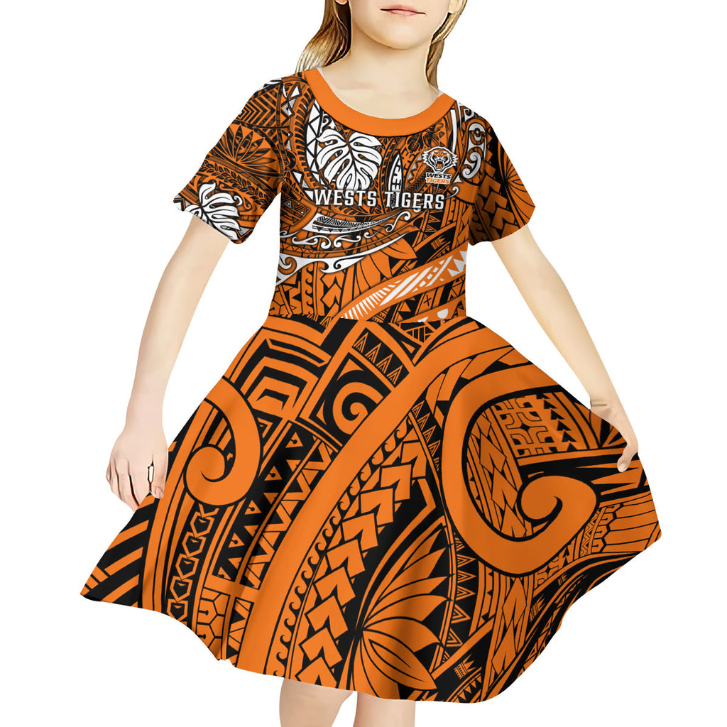 Personalised Wests Tigers Kid Short Sleeve Dress Polynesian Tribal Art Style With Powerful Tiger Mascot