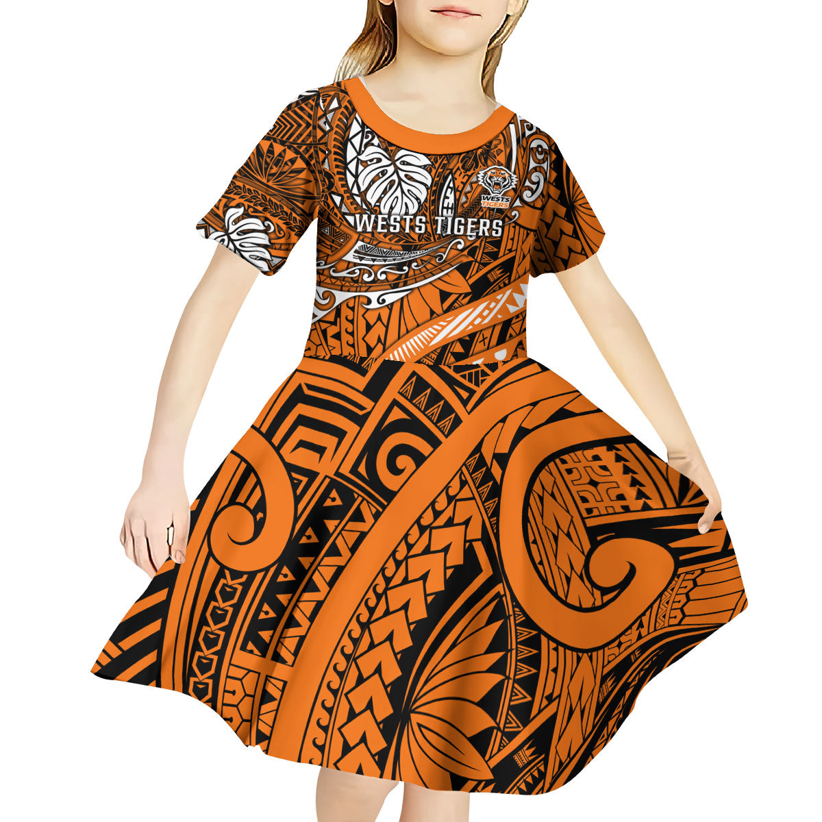 Personalised Wests Tigers Kid Short Sleeve Dress Polynesian Tribal Art Style With Powerful Tiger Mascot