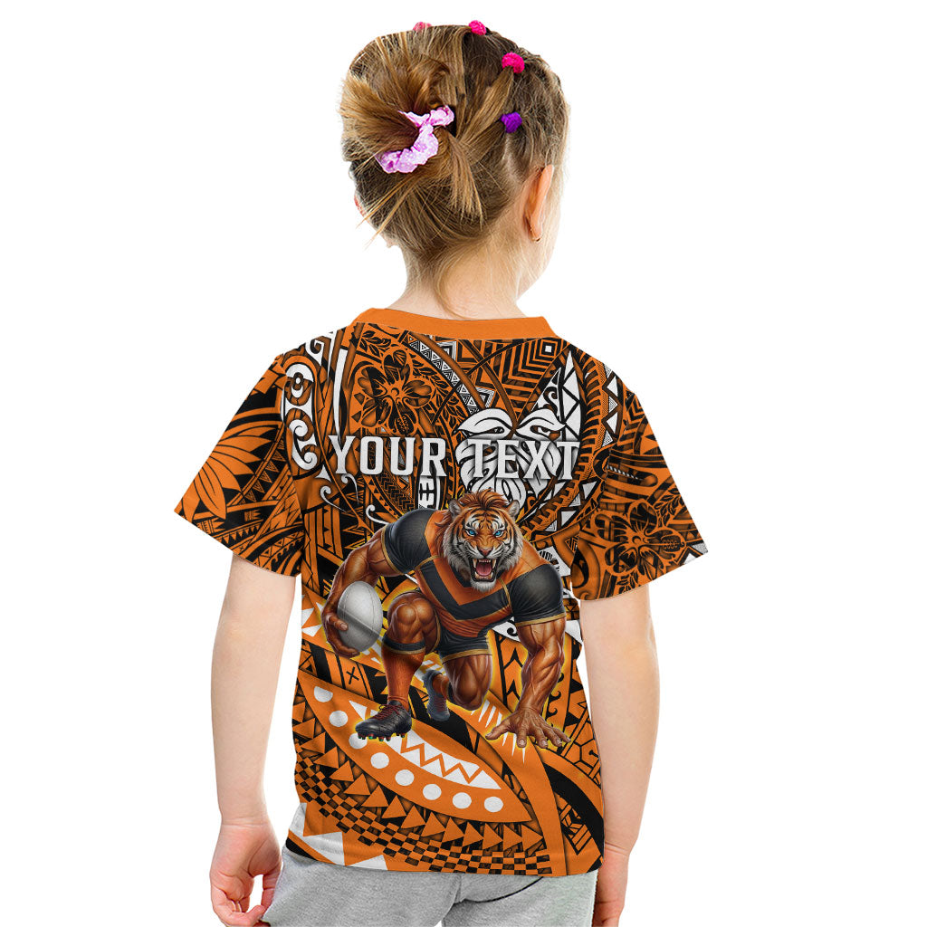 Personalised Wests Tigers Kid T Shirt Polynesian Tribal Art Style With Powerful Tiger Mascot