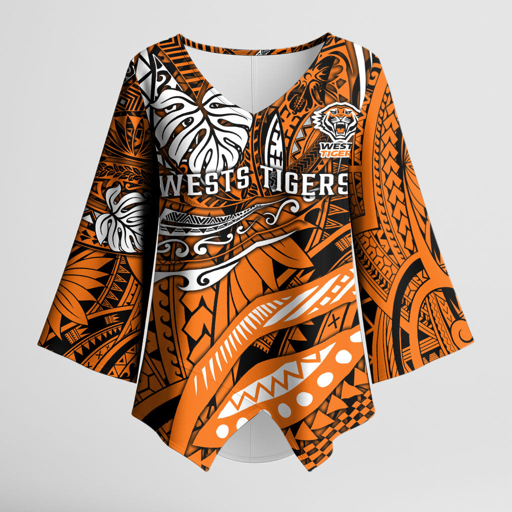 Personalised Wests Tigers Kimono Sleeve Blouse Polynesian Tribal Art Style With Powerful Tiger Mascot