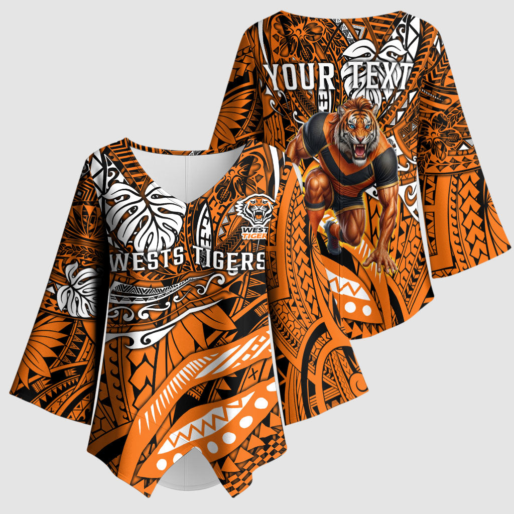 Personalised Wests Tigers Kimono Sleeve Blouse Polynesian Tribal Art Style With Powerful Tiger Mascot