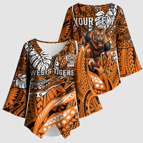 Personalised Wests Tigers Kimono Sleeve Blouse Polynesian Tribal Art Style With Powerful Tiger Mascot