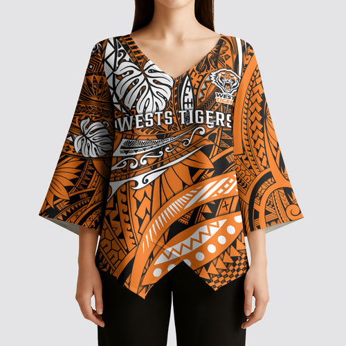 Personalised Wests Tigers Kimono Sleeve Blouse Polynesian Tribal Art Style With Powerful Tiger Mascot