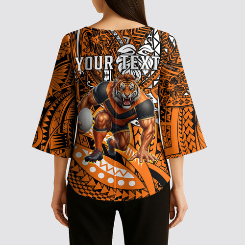 Personalised Wests Tigers Kimono Sleeve Blouse Polynesian Tribal Art Style With Powerful Tiger Mascot