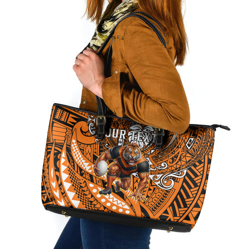 Personalised Wests Tigers Leather Tote Bag Polynesian Tribal Art Style With Powerful Tiger Mascot