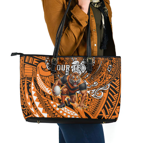 Personalised Wests Tigers Leather Tote Bag Polynesian Tribal Art Style With Powerful Tiger Mascot