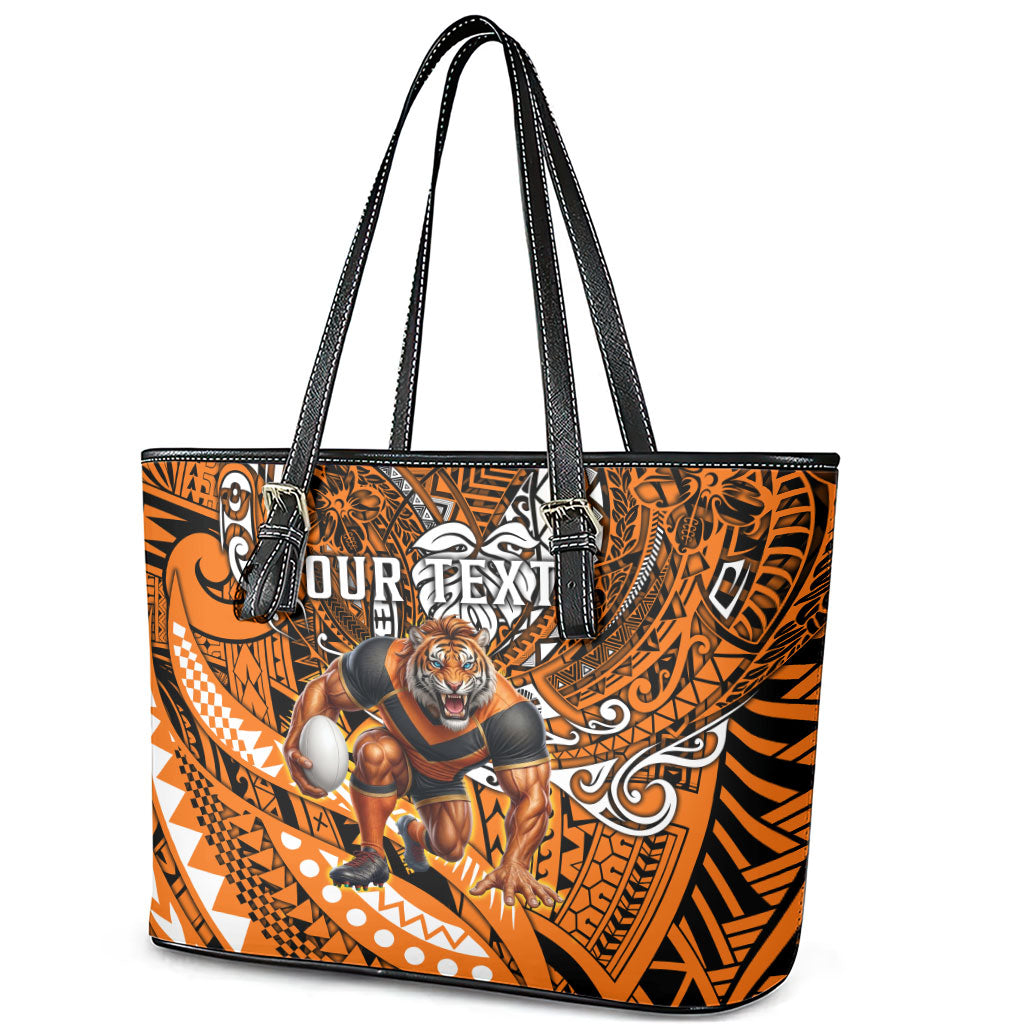 Personalised Wests Tigers Leather Tote Bag Polynesian Tribal Art Style With Powerful Tiger Mascot