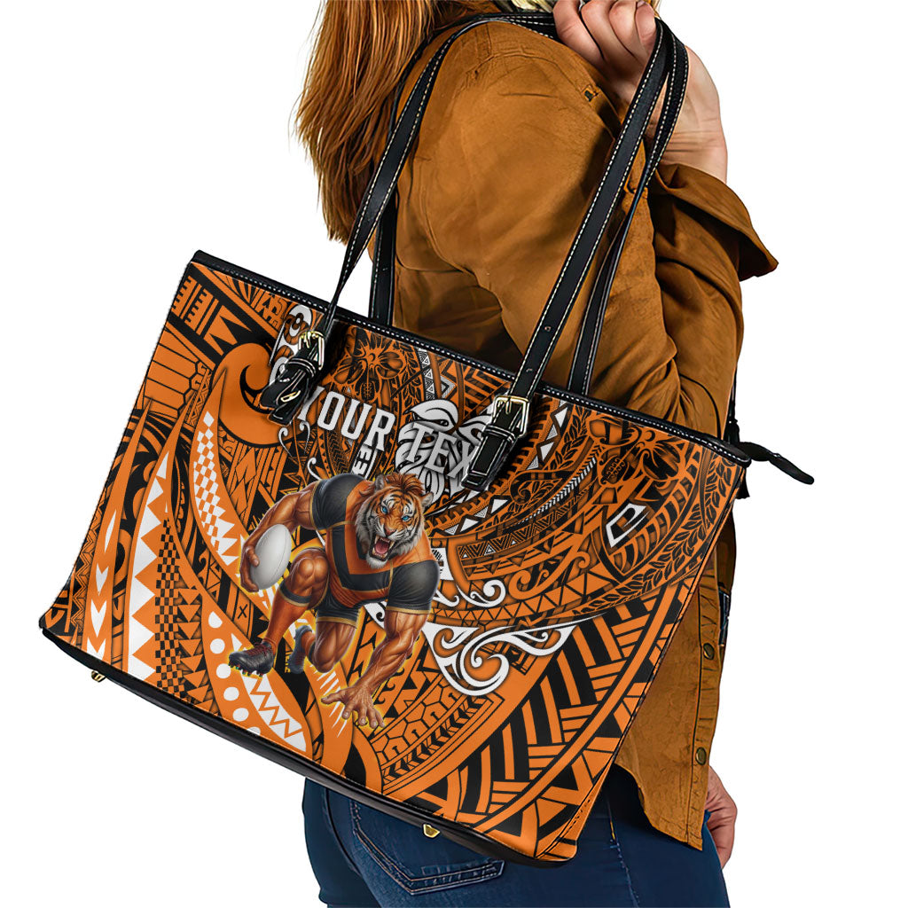 Personalised Wests Tigers Leather Tote Bag Polynesian Tribal Art Style With Powerful Tiger Mascot
