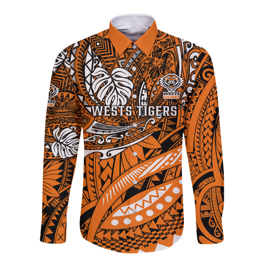 Personalised Wests Tigers Long Sleeve Button Shirt Polynesian Tribal Art Style With Powerful Tiger Mascot