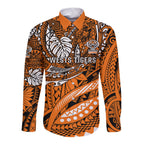Personalised Wests Tigers Long Sleeve Button Shirt Polynesian Tribal Art Style With Powerful Tiger Mascot