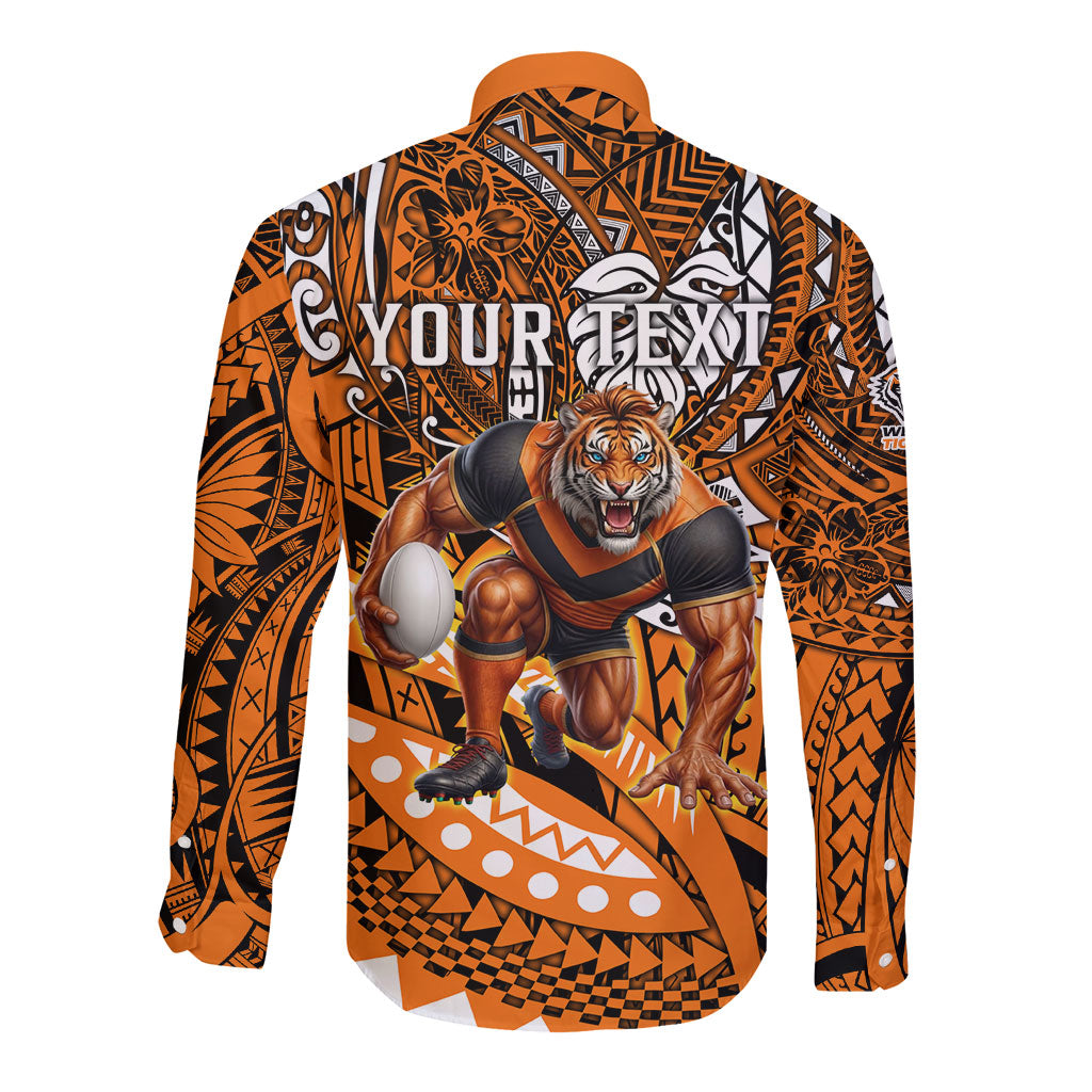 Personalised Wests Tigers Long Sleeve Button Shirt Polynesian Tribal Art Style With Powerful Tiger Mascot