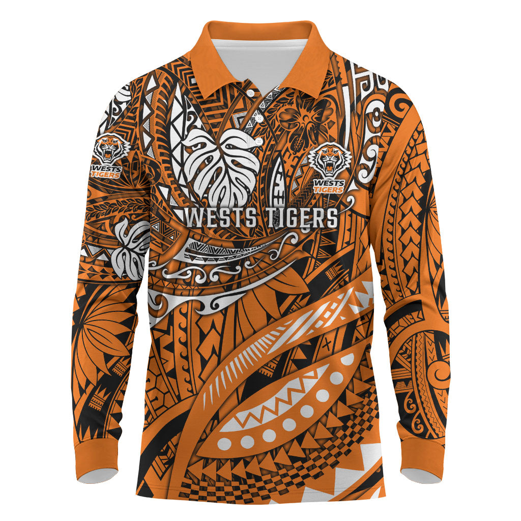 Personalised Wests Tigers Long Sleeve Polo Shirt Polynesian Tribal Art Style With Powerful Tiger Mascot