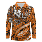 Personalised Wests Tigers Long Sleeve Polo Shirt Polynesian Tribal Art Style With Powerful Tiger Mascot