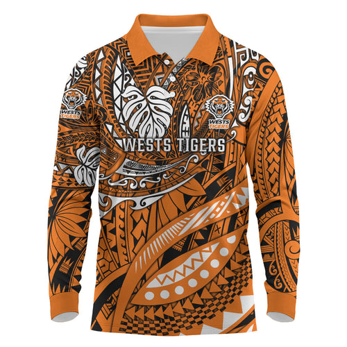 Personalised Wests Tigers Long Sleeve Polo Shirt Polynesian Tribal Art Style With Powerful Tiger Mascot