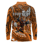 Personalised Wests Tigers Long Sleeve Polo Shirt Polynesian Tribal Art Style With Powerful Tiger Mascot