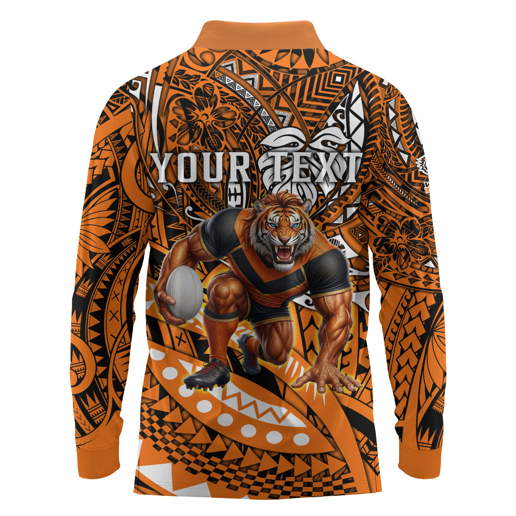 Personalised Wests Tigers Long Sleeve Polo Shirt Polynesian Tribal Art Style With Powerful Tiger Mascot