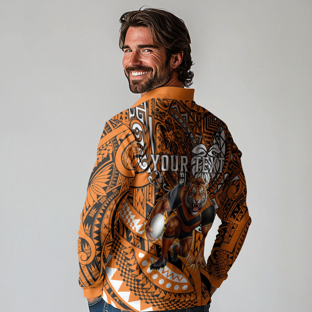 Personalised Wests Tigers Long Sleeve Polo Shirt Polynesian Tribal Art Style With Powerful Tiger Mascot