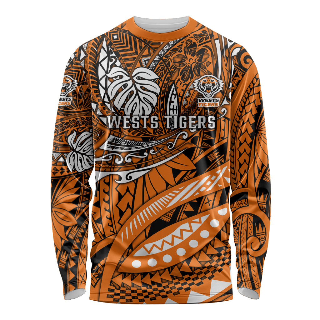Personalised Wests Tigers Long Sleeve Shirt Polynesian Tribal Art Style With Powerful Tiger Mascot
